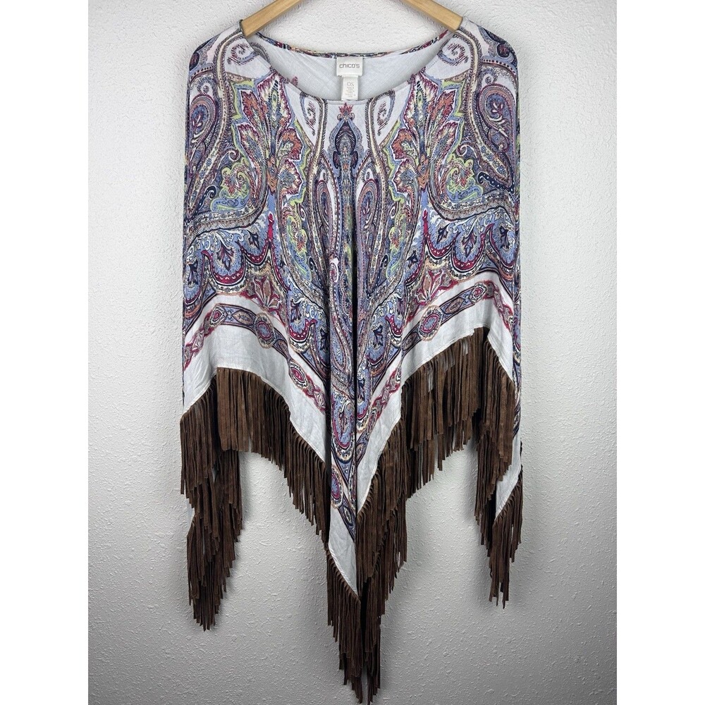Chico’s Fringe Poncho Paisley Multicolor Boho Festival One Size OS